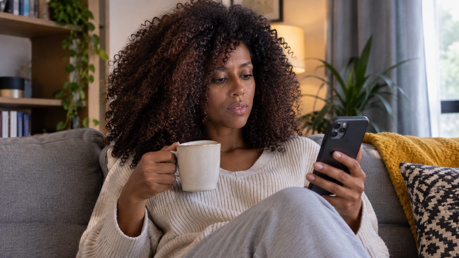 Woman relaxing on a sofa with a coffee, checking her phone